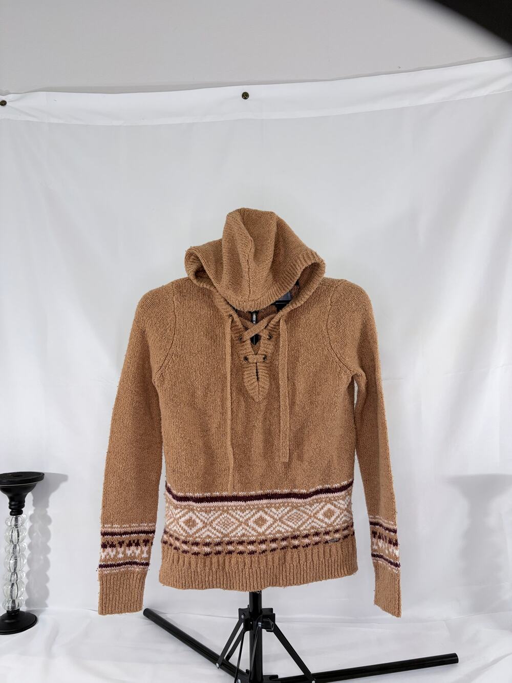 Hollister Women’s XS Tan Fair Isle Lace-Up Hooded Sweater Y2K